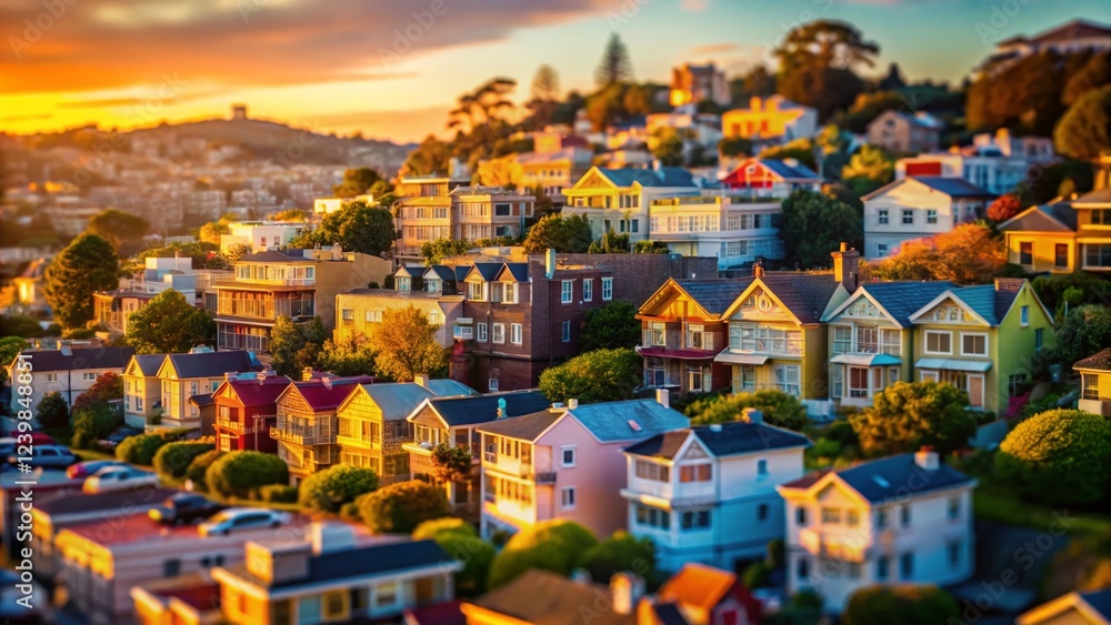 Fototapeta premium San Francisco Sunset Homes: Tilt-Shift Drone Photography