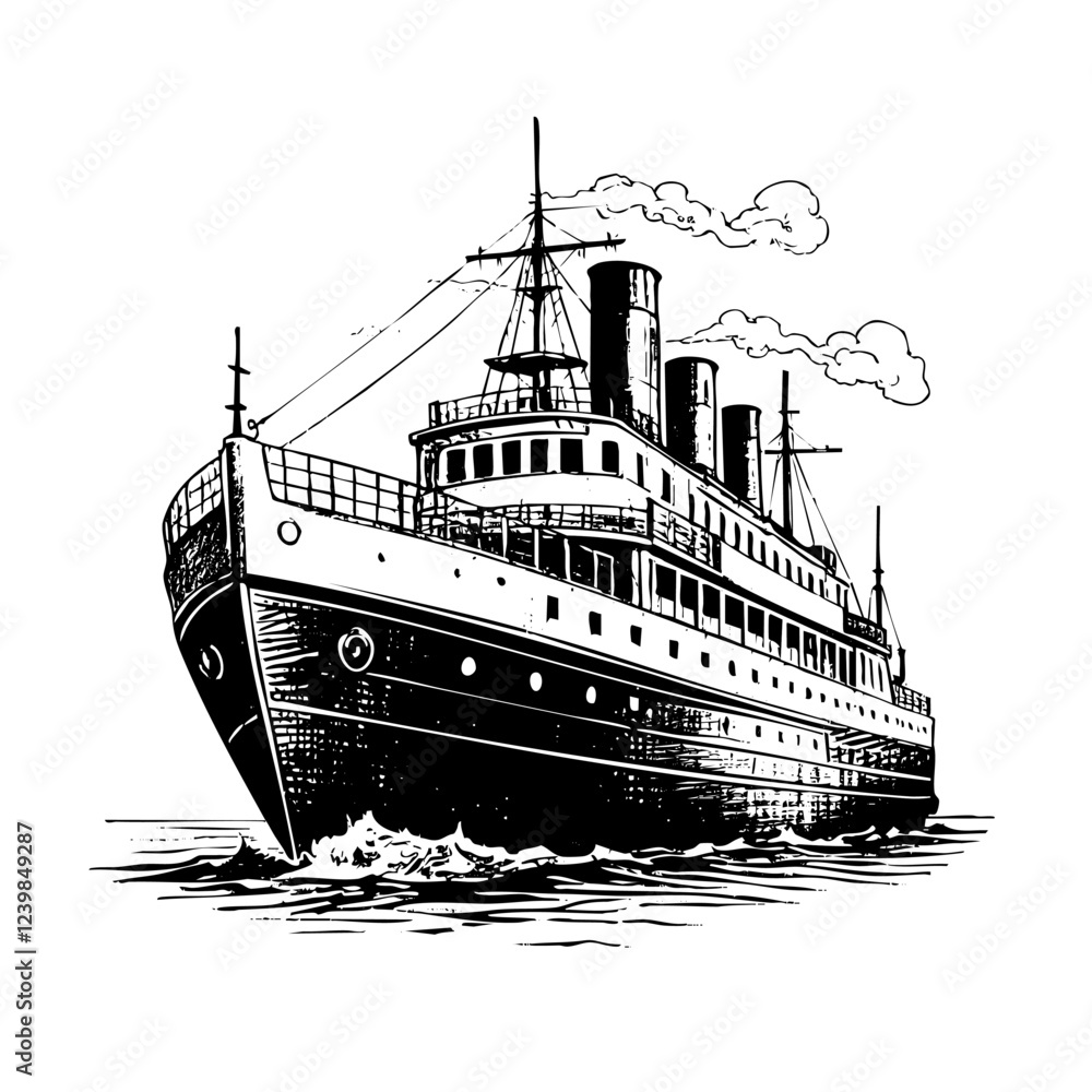 Fototapeta premium Steamship sketch engraving black and white outline. Scratch board imitation. 