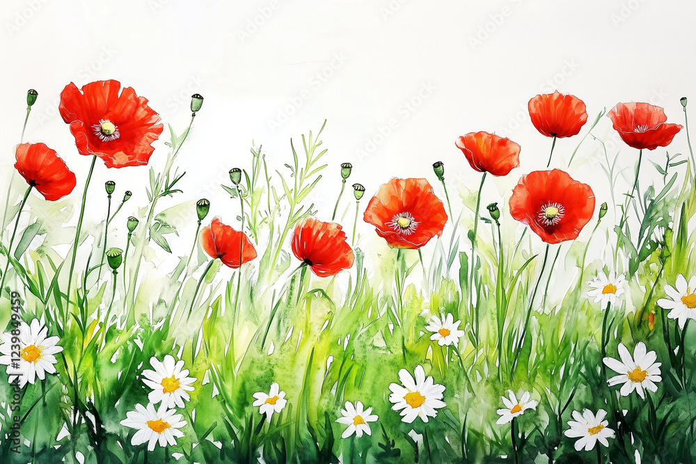 Fototapeta premium red poppies on green background