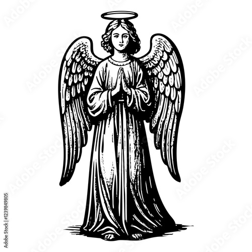 flying angel engraving black and white outline. Scratch board imitation.
