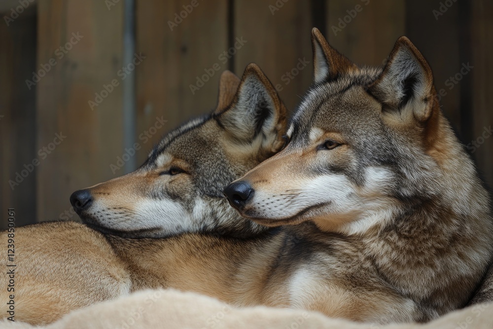 Obraz premium Two Wolves Resting Together Showing Affection