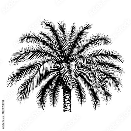 palm tree engraving black and white outline. Scratch board imitation.
