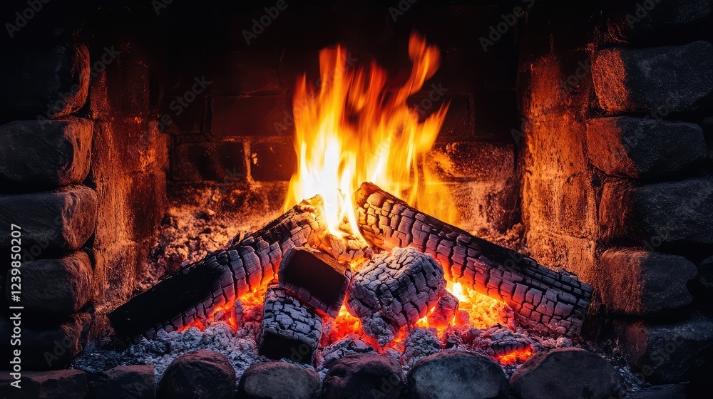 Warm and Cozy Fireplace Scene with Bright Flames and Burning Logs in a Rustic Setting Creating a Comfortable Atmosphere for Winter Nights and Family Gatherings Warm and Cozy Fireplace Scene with Bright Flames and Burning Logs in a Rustic Setting Creating a Comfortable Atmosphere for Winter Nights and Family Gatherings