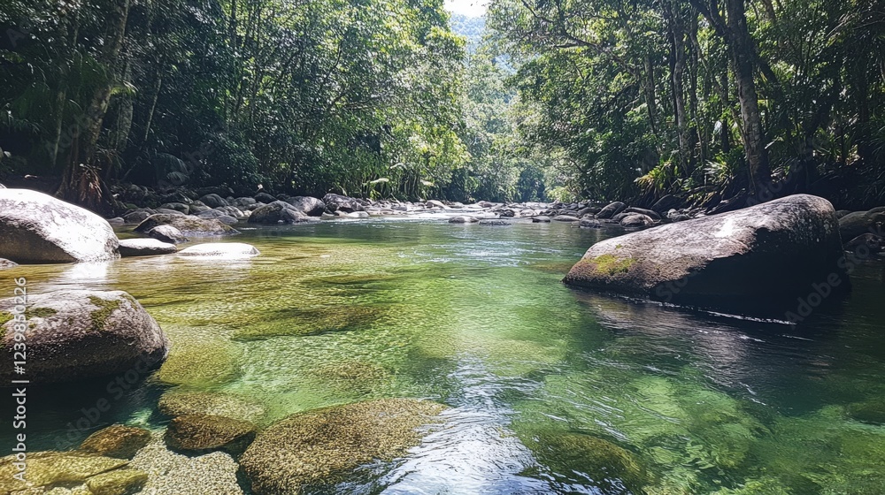 81.A close-up of the Mossman Riverâ€™s crystal-clear waters rushing gently around moss-covered rocks, with vibrant green vegetation framing the natural beauty of the Daintree National Park.