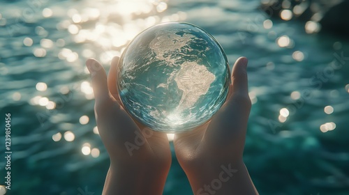 19.A pair of hands carefully holding a 3D-rendered glass globe immersed halfway in the ocean. The globe reflects a map of Earth, while the surrounding waters shimmer with sunlight and defocused