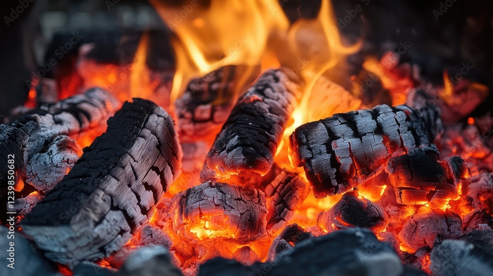 Glowing Coals in a Bonfire Creating a Warm and Inviting Atmosphere with Flickering Flames and Bright Ember Highlights on a Dark Background Glowing Coals in a Bonfire Creating a Warm and Inviting Atmosphere with Flickering Flames and Bright Ember Highlights on a Dark Background