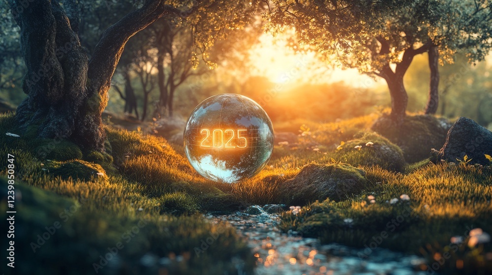 Fototapeta premium 28.A picturesque landscape with the year 2025 formed from natural elements like grass, trees, and water streams. A glowing transparent globe floats above the scenery, symbolizing the harmony between