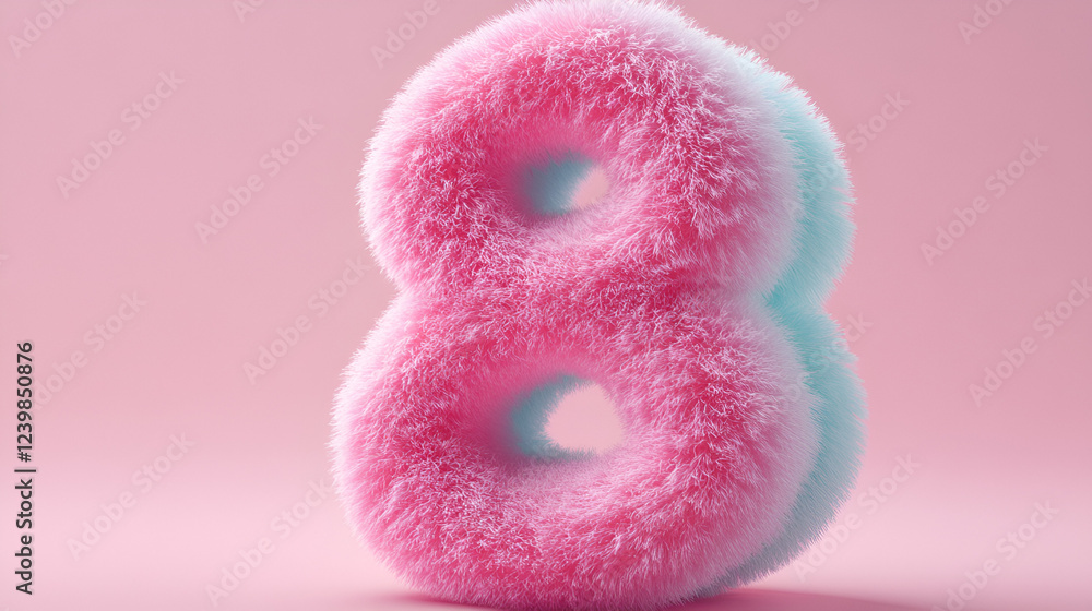 Fluffy Number Eight: A playful and whimsical take on the number eight, rendered in soft, plush pink and blue fur. The number stands out against a subtle pink background. Fluffy Number Eight: A playful and whimsical take on the number eight, rendered in soft, plush pink and blue fur. The number stands out against a subtle pink background.