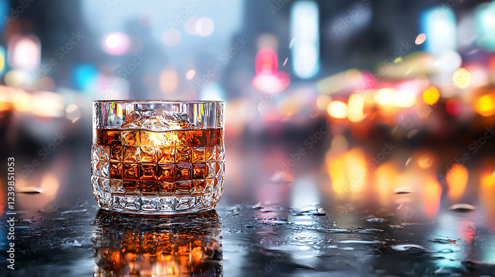 glass of whiskey with ice sits on wet surface, reflecting city lights. atmosphere is vibrant and moody, evoking sense of relaxation glass of whiskey with ice sits on wet surface, reflecting city lights. atmosphere is vibrant and moody, evoking sense of relaxation