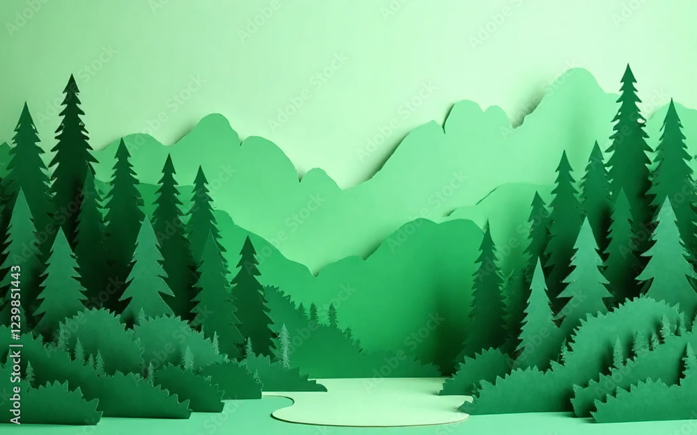 Fototapeta premium A green layered diorama papercut forest depicting a peaceful and serene landscape, perfect for art and craft decoration.