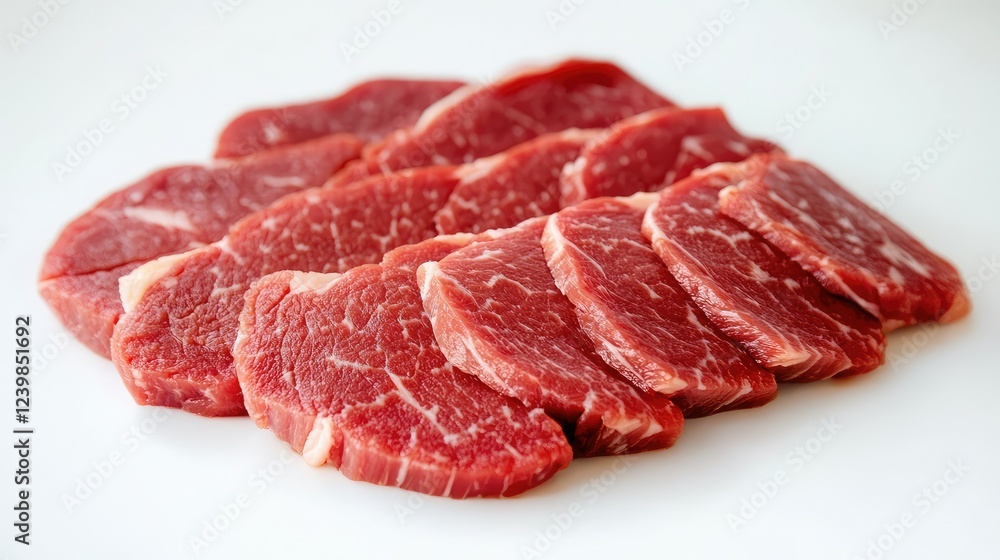 Fresh Slices of Raw Beef Steak with Intricate Marbling Arranged on a Clean White Background for Culinary Presentation and Cooking Inspiration Fresh Slices of Raw Beef Steak with Intricate Marbling Arranged on a Clean White Background for Culinary Presentation and Cooking Inspiration