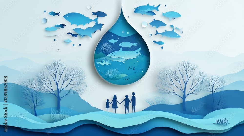 Naklejka premium 115.A serene paper art illustration of a family standing on a hill surrounded by trees, holding hands under a giant waterdrop in the sky. The drop is intricately layered with ocean textures and fish