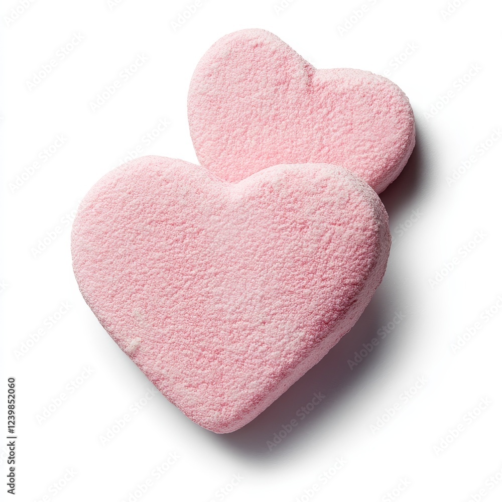 Fototapeta premium Two pink heart-shaped marshmallows on white background. (4)