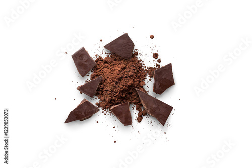 Broken organic dark chocolate bar and chocolate powder isolated on a transparent background with shadow from above, top view, png