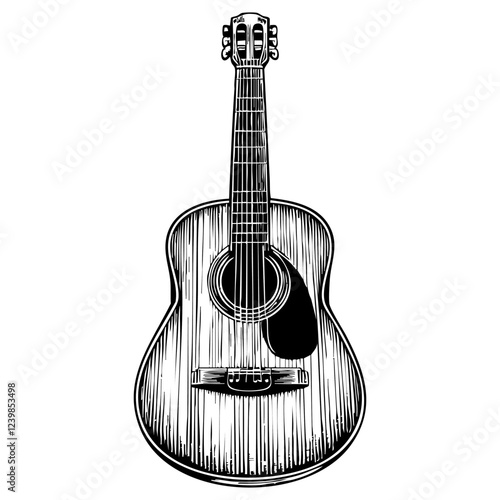 acoustic guitar sketch engraving black and white outline. Scratch board imitation.