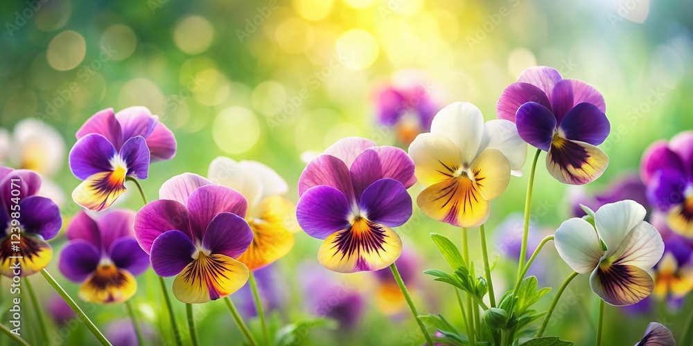 Set of Pansy Flowers in Bloom Against a Green Background