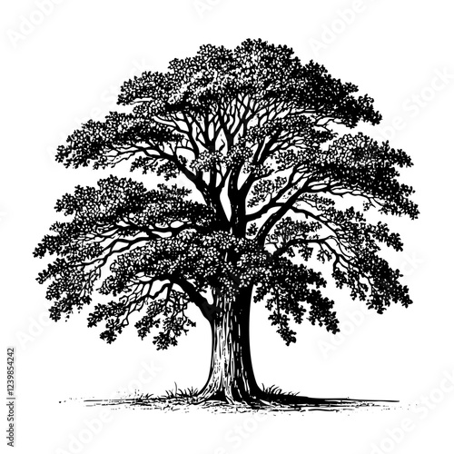 Oak tree sketch engraving black and white outline. Scratch board imitation.  illustrated in vintage line art style on a white background.

