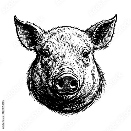 pig sketch engraving black and white outline. Scratch board imitation. Illustrated in vintage line art style on a white background.
