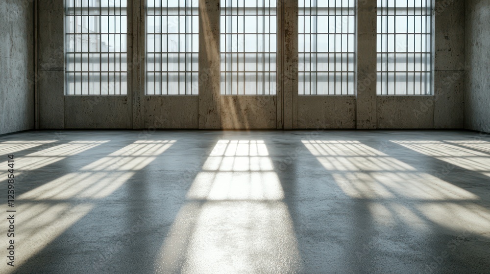 A spacious, empty room with large windows casting shadows on the concrete floor. A spacious, empty room with large windows casting shadows on the concrete floor.