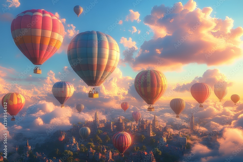 Fototapeta premium Hot air balloons soar above a dreamy city at sunset, perfect for travel brochures