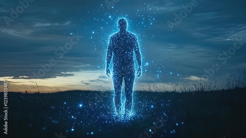 A conceptual art piece depicting a human silhouette made of glowing stardust, cosmic and abstract