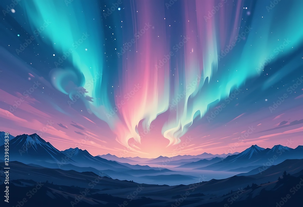 Naklejka premium Aurora Borealis illuminates a majestic mountain range at sunset