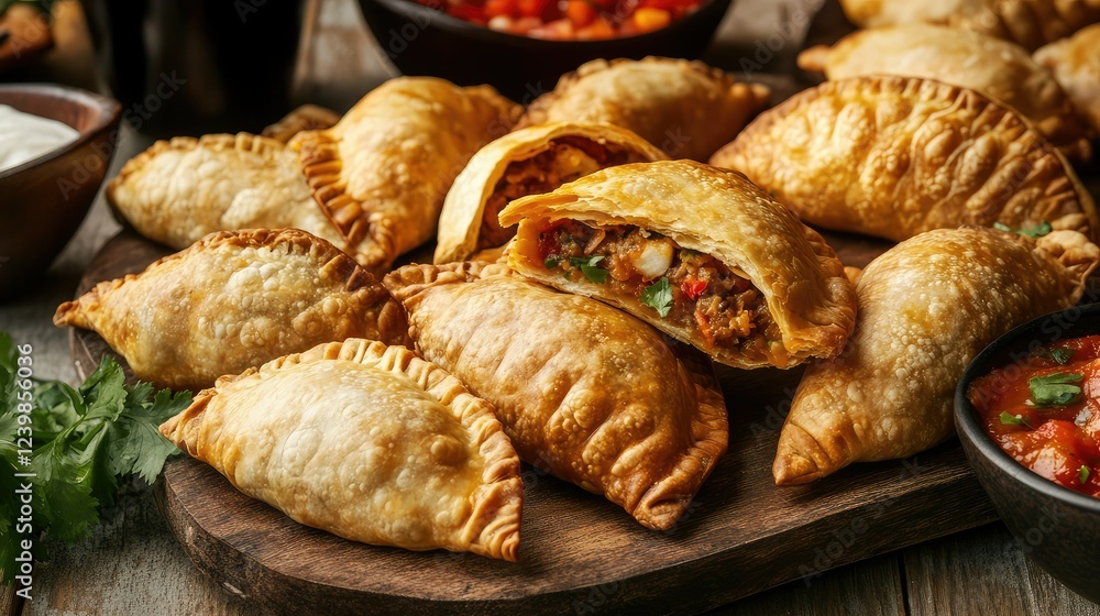 Golden Crispy Empanadas Served on a Wooden Board with Sauces, Colorful Dips, and Vegetables Ready for a Delicious Snack or Appetizer Platter