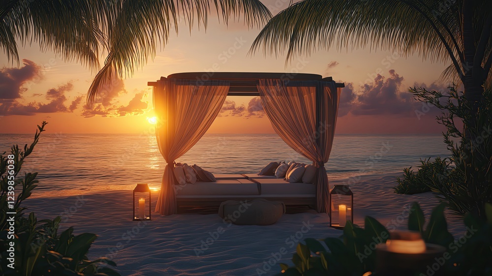 Fototapeta premium Sunset view of a beach cabana and ocean.