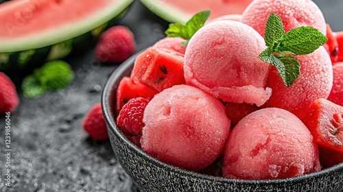 A bowl of refreshing watermelon and raspberry sorbet garnished with mint leaves.