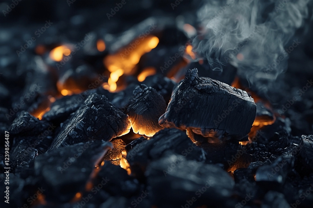 A close-up view of black coal with glowing embers and a wisp of smoke in the background A close-up view of black coal with glowing embers and a wisp of smoke in the background