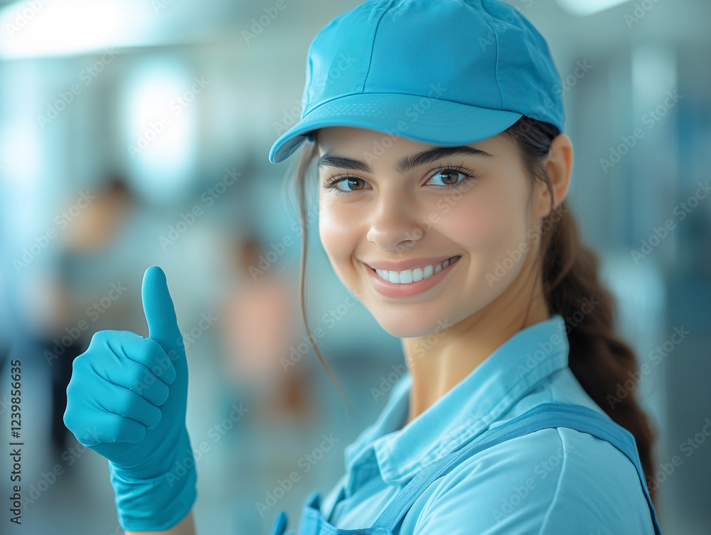 smiling woman in blue uniform and cap gives thumbs up, expressing positivity and confidence in workplace setting smiling woman in blue uniform and cap gives thumbs up, expressing positivity and confidence in workplace setting