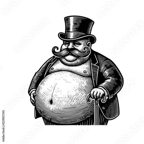 Overweight man wear top hat sketch engraving black and white outline. Scratch board imitation.
