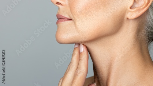 Close-up of a woman's profile, highlighting her jawline and skincare routine.