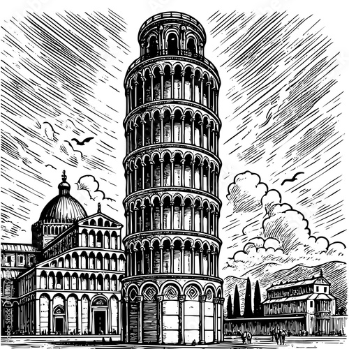 Pisa tower sketch engraving black and white outline. Scratch board imitation.  illustrated in vintage line art style on a white background.
