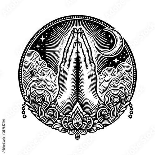 Hand pray engraving black and white outline. Scratch board imitation.  illustrated in vintage line art style on a white background.
