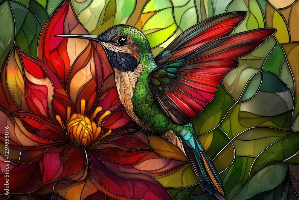 Obraz premium Vibrant Hummingbird Amidst Stained Glass Floral Design