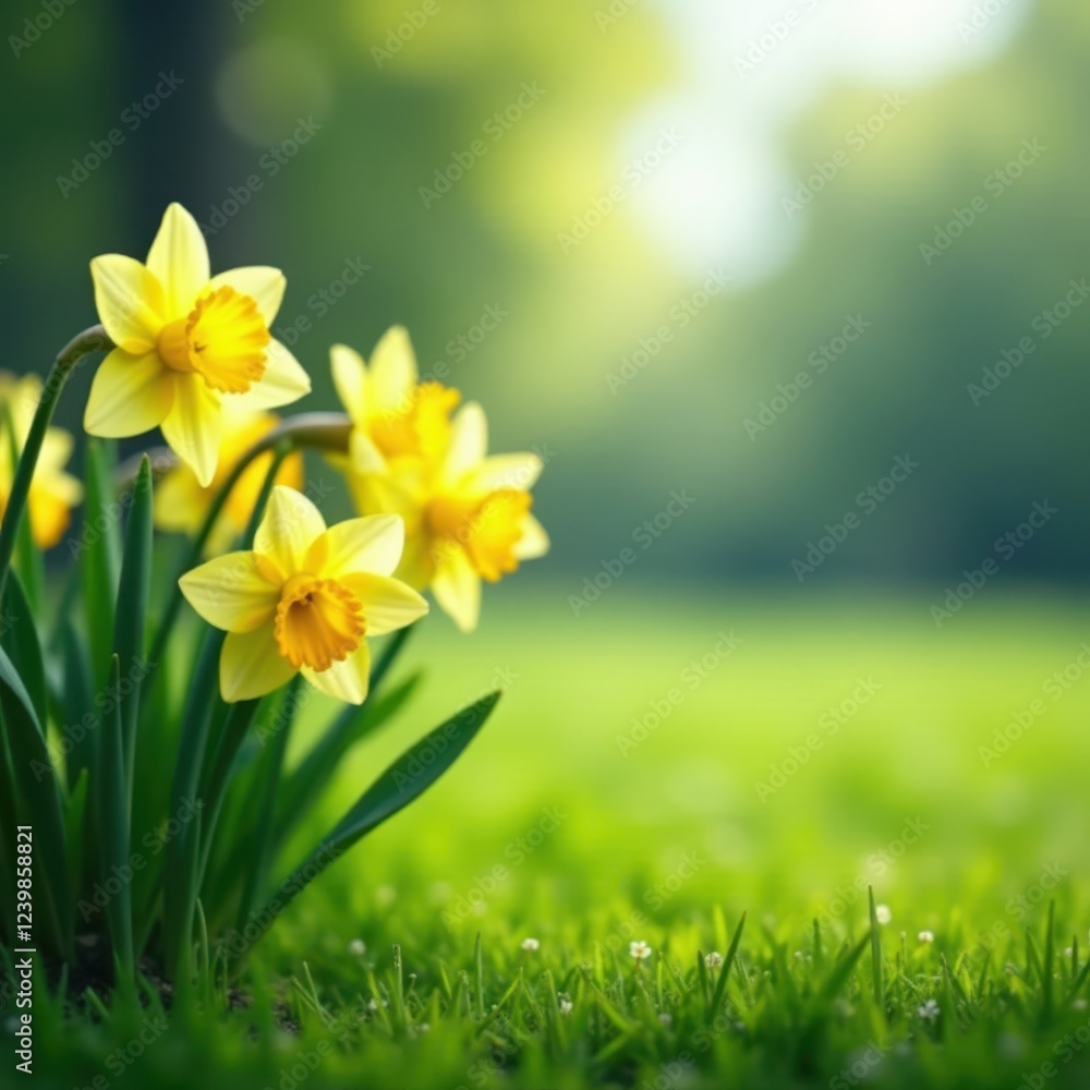 Obraz premium A cluster of daffodils swaying gently in the breeze on a grassy meadow , yellow, grass, daffodils