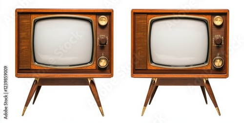 Two vintage wooden television sets with blank screens, isolated on white. photo