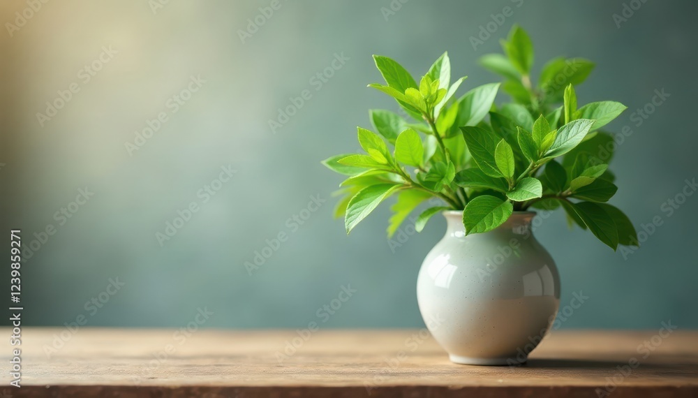 A delicate arrangement of green leaves and small trees in a vase on a wooden table , wood grain, coffee table, coffee cup A delicate arrangement of green leaves and small trees in a vase on a wooden table , wood grain, coffee table, coffee cup