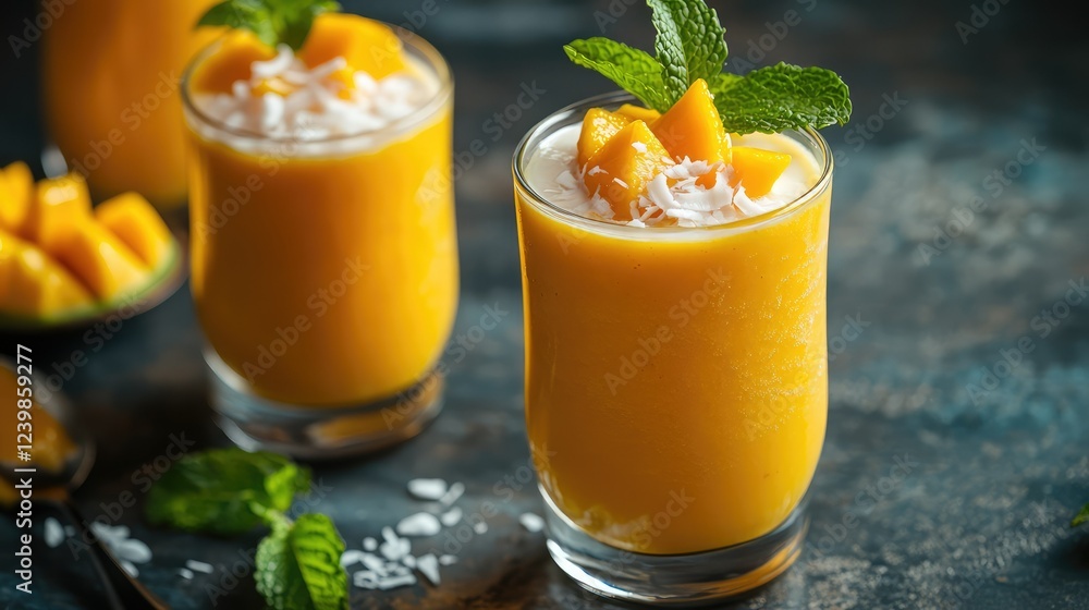 Fototapeta premium Refreshing Mango Smoothie with Mint and Coconut Garnish Served in Clear Glasses, Perfect for Summer Drink Recipes and Tropical Culinary Themes