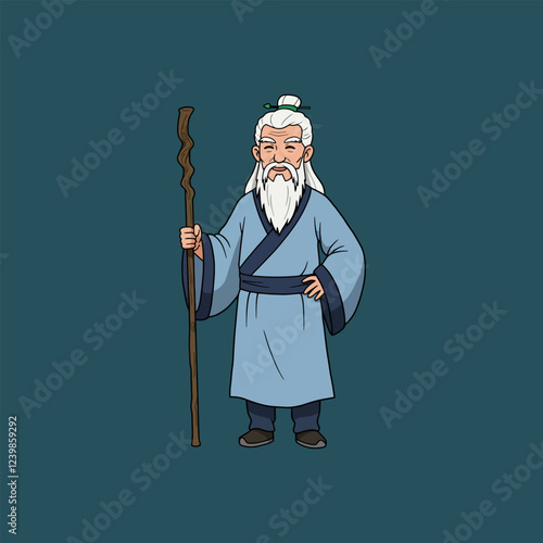 Wise Old Man Cartoon Character with Staff
