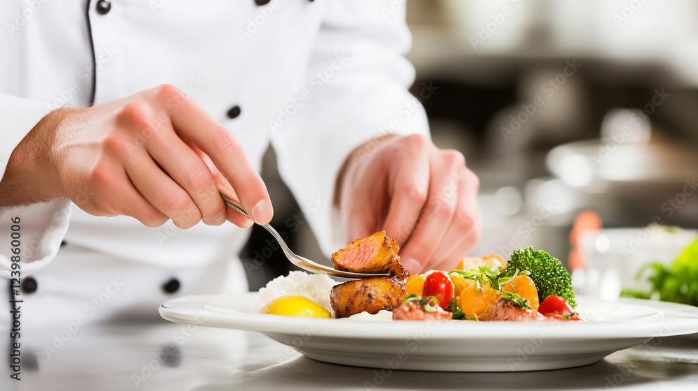 Chef Plating Gourmet Dish with Fork Chef Plating Gourmet Dish with Fork