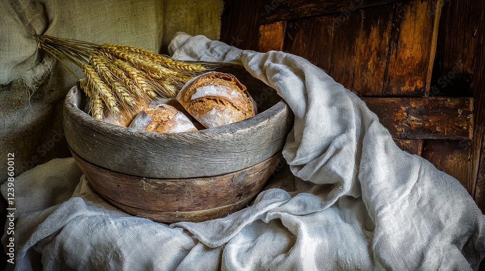 Obraz premium Rustic Wooden Bowl with Fresh Bread and Wheat on a Textured Surface