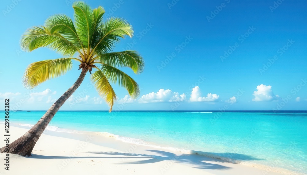 A lone palm tree bends in the ocean breeze against a backdrop of clear blue waters and powdery white sand , ocean, white sand, beach A lone palm tree bends in the ocean breeze against a backdrop of clear blue waters and powdery white sand , ocean, white sand, beach