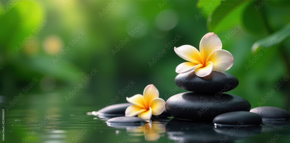 Aromatic frangipani scented spa stones nestled in a serene botanical setting, spa, outdoor space, wellness Aromatic frangipani scented spa stones nestled in a serene botanical setting, spa, outdoor space, wellness