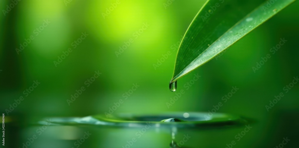 A single water drop rolling down the edge of a bamboo leaf and falling towards the ground, flow, natural world, water droplet A single water drop rolling down the edge of a bamboo leaf and falling towards the ground, flow, natural world, water droplet