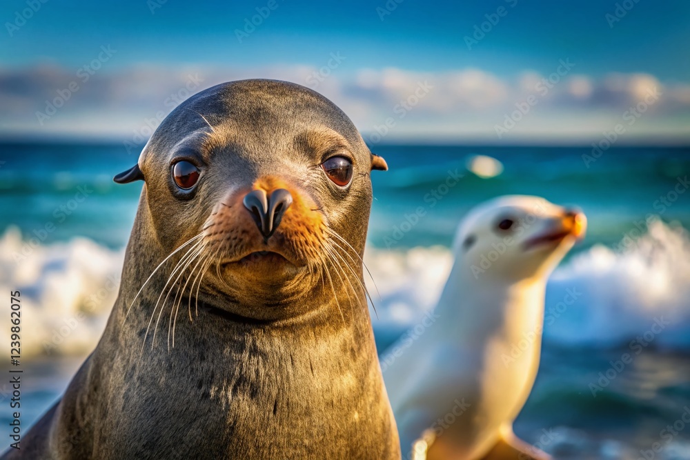 Fototapeta premium South African Fur Seal, Dominican Gull Double Exposure