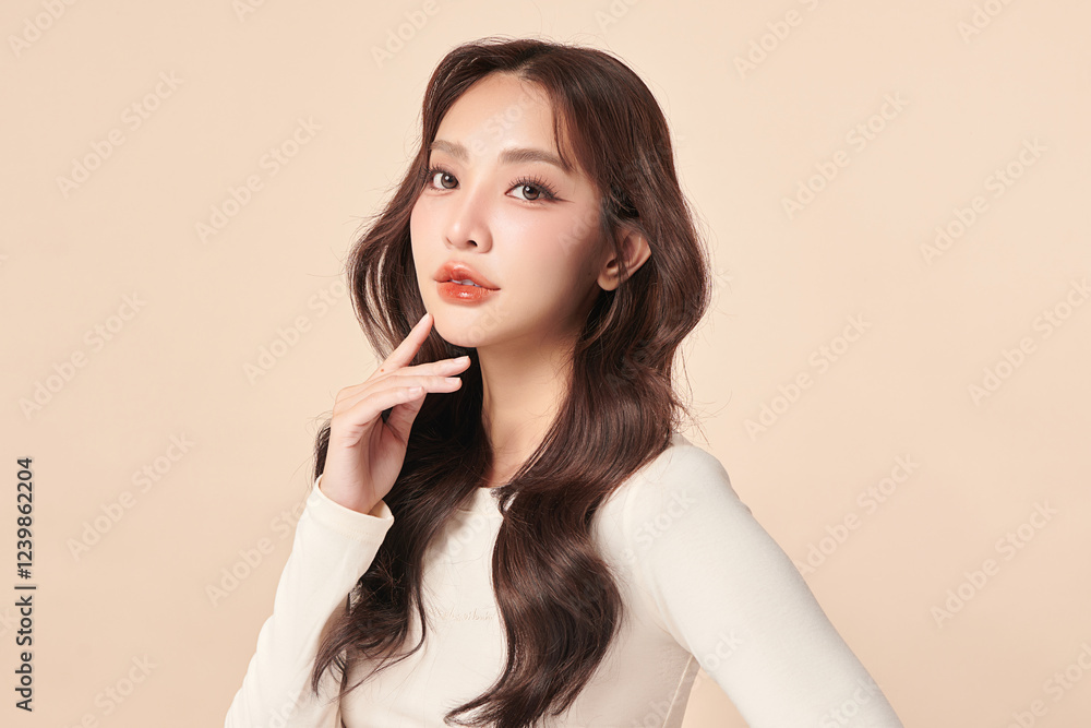 Beautiful young asian woman with clean fresh skin on beige background, Face care, Facial treatment, Cosmetology, beauty and spa, Asian women portrait. Beautiful young asian woman with clean fresh skin on beige background, Face care, Facial treatment, Cosmetology, beauty and spa, Asian women portrait.