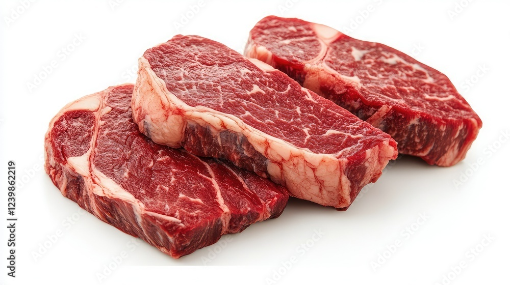 Fototapeta premium Fresh uncooked beef steaks displayed together showcasing rich marbling and vibrant red color, perfect for gourmet cooking and culinary presentations