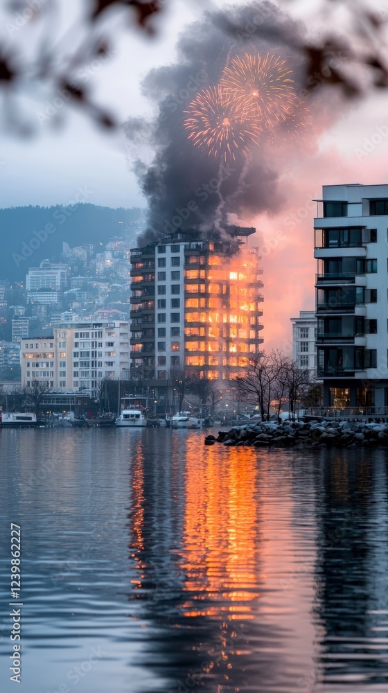 Obraz premium Burning Building Fire Fireworks Night Cityscape Waterfront Reflection